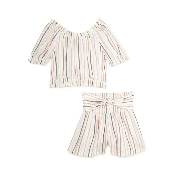 Wonder Nation Girls Short Sleeve Smocked Top & Short Outfit Set, Sizes 4-18 & Plus - Walmart.com | Walmart (US)