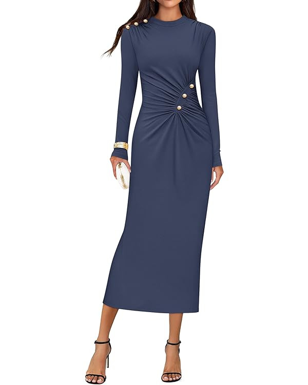 ZESICA Womens 2025 Fall Long Sleeve Mock Neck Bodycon Midi Dress Ruched Knit Elegant Party Cockta... | Amazon (US)