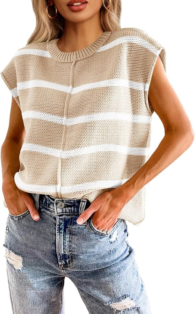 Saodimallsu Womens Cap Sleeve Tank Tops Striped Crew Neck Casual Loose Fit Spring Summer Pullover... | Amazon (US)