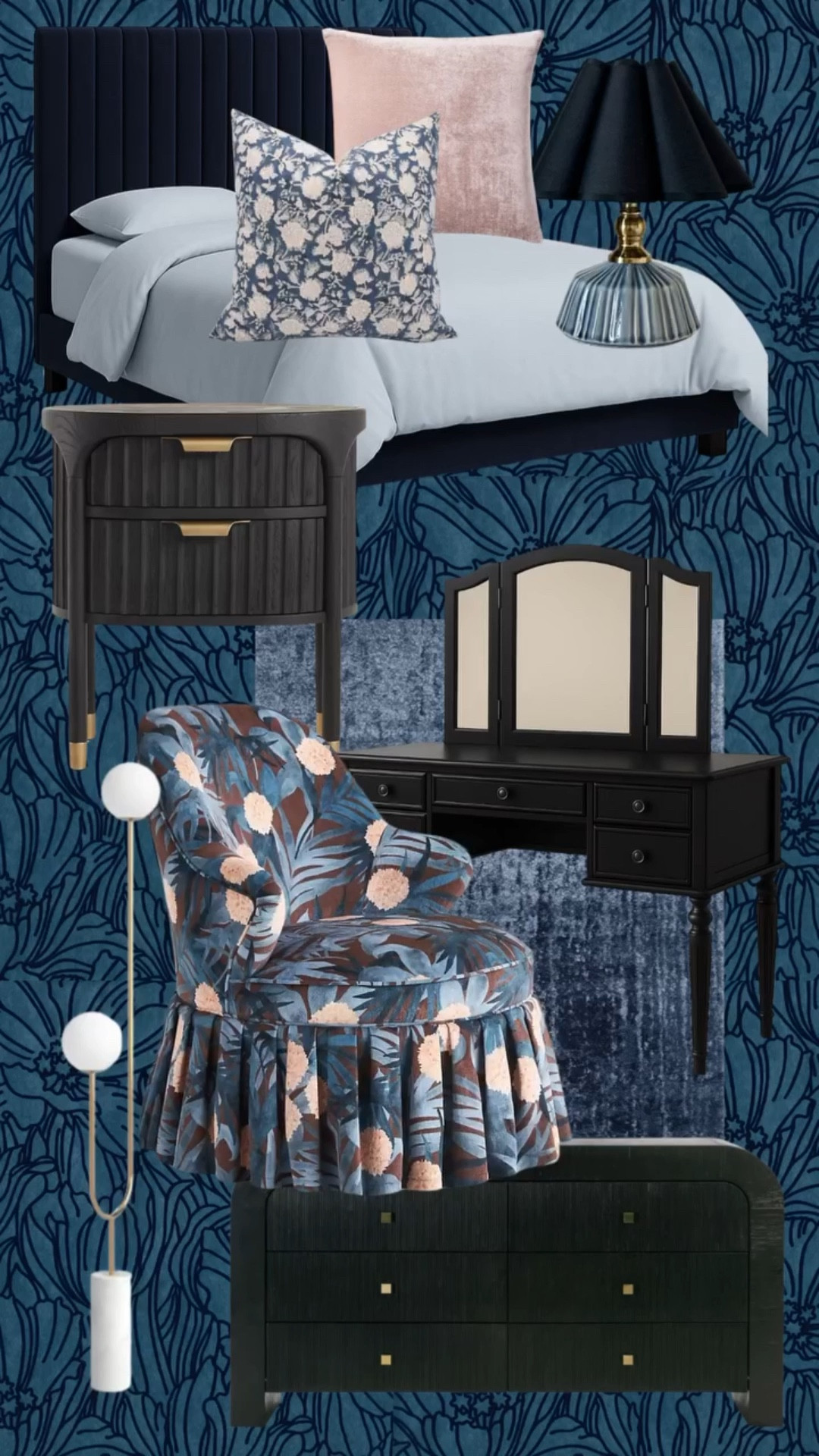 A glimpse into our • Midnight Botanica • primary bedroom design. Rich textures, moody blues, and elegant details—every piece chosen to create a space that feels layered, lush, and bold.
.
.
#primarybedroomdesign #interiordesigninspiration #virtualdesign #austinhomes