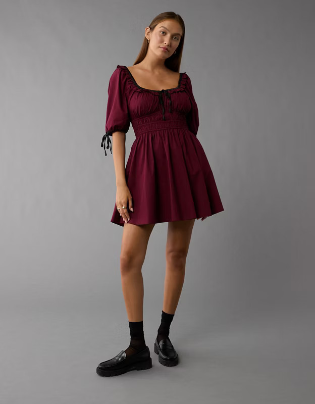 AE Ruched Bodice Puff Sleeve Mini Dress | American Eagle Outfitters (US & CA)