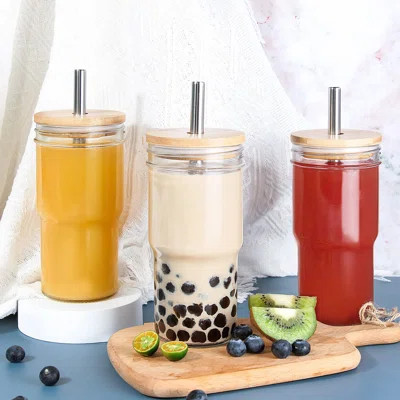 Glass Cups With Lids And Straws, 22Oz Iced Coffee Cups With Lids Smoothie Cup Reusable Cups, Glass Tumbler With Straw And Lid, Glass Coffee Cups With | Wayfair North America