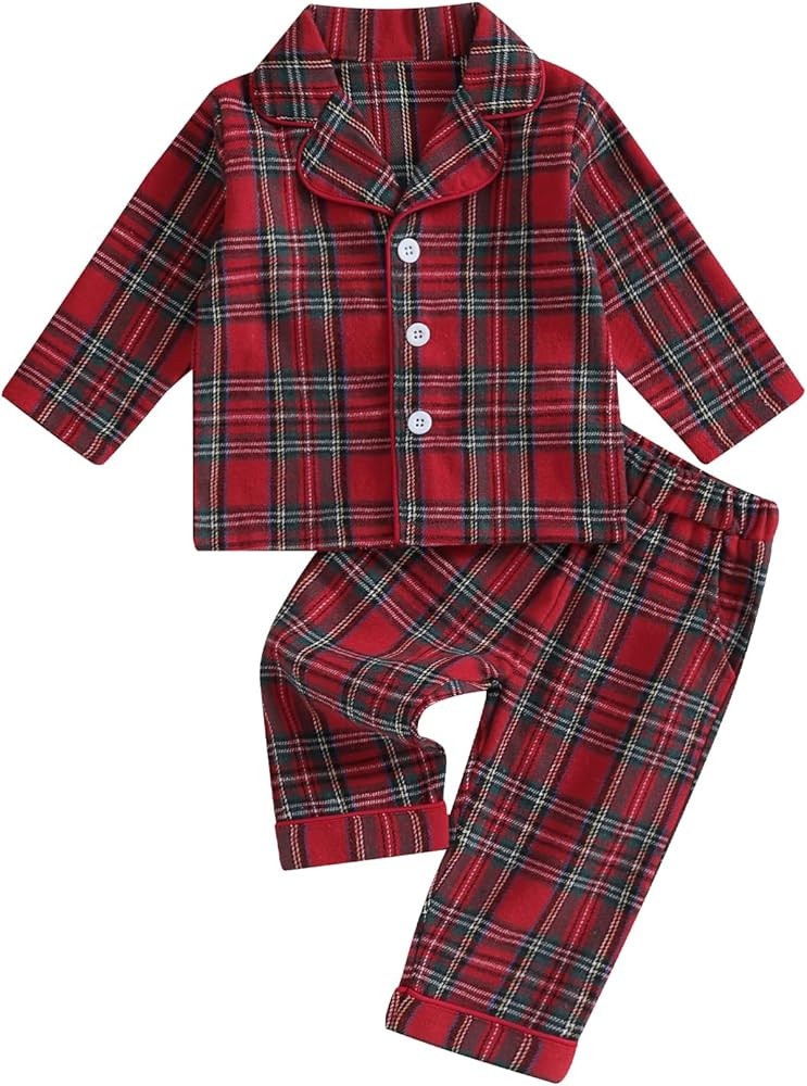 Biayxms Kids Baby Girls Boys Plaid Cotton Pajamas Set Long Sleeve Button Down Shirts Tops and Pan... | Amazon (US)