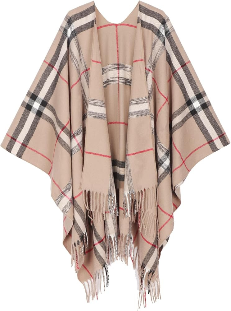 Women's Shawl Wraps Open Front Travel Poncho Cape Warm Oversized Plaid Sweaters Casual Cardigan S... | Amazon (US)