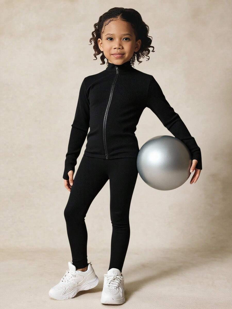 2pcs/Set Young Girls Black Knit Cardigan Top + Leggings Pants, Casual Daily Fashion All-Match Mat... | SHEIN