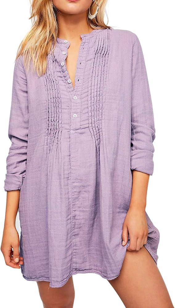 R.Vivimos Women's Tunic Dress Fall Cotton Button Down Long Sleeves Casual Mini Shirt Dress | Amazon (US)