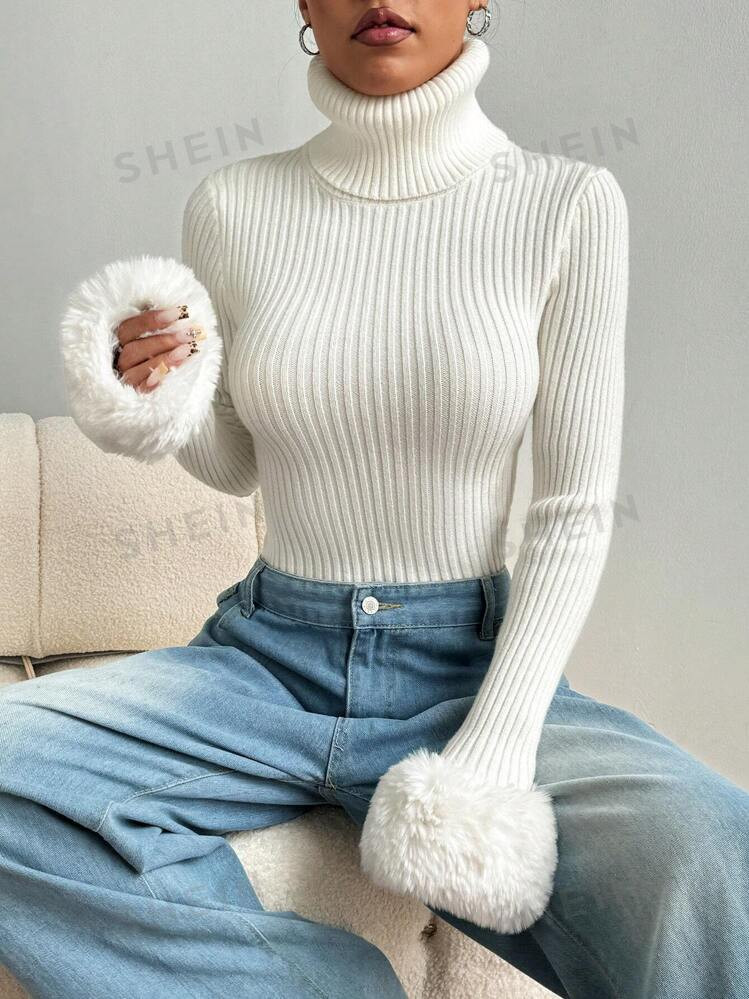 SHEIN MOOSTA Autumn Winter Turtleneck Fuzzy Knit Pullover | SHEIN