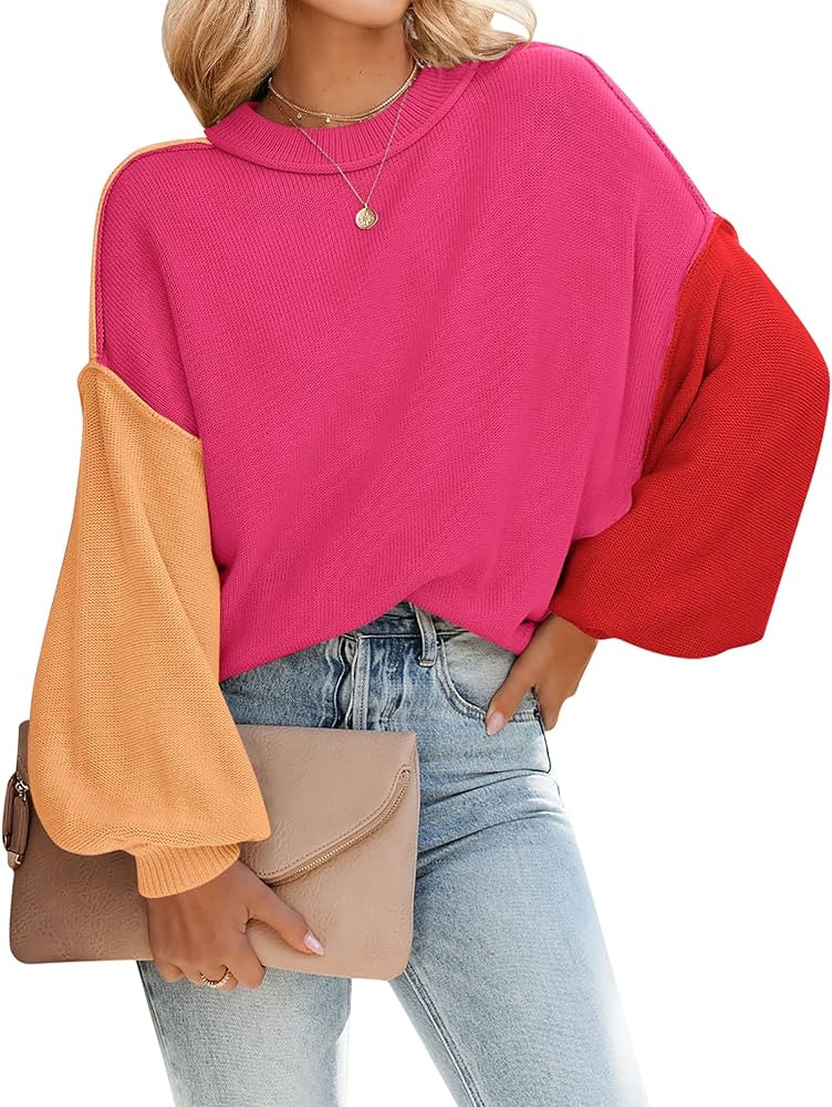 ZESICA Women's Fall Casual Long Sleeve Crew Neck Side Slit Oversized Ribbed Knit Pullover Sweater... | Amazon (US)