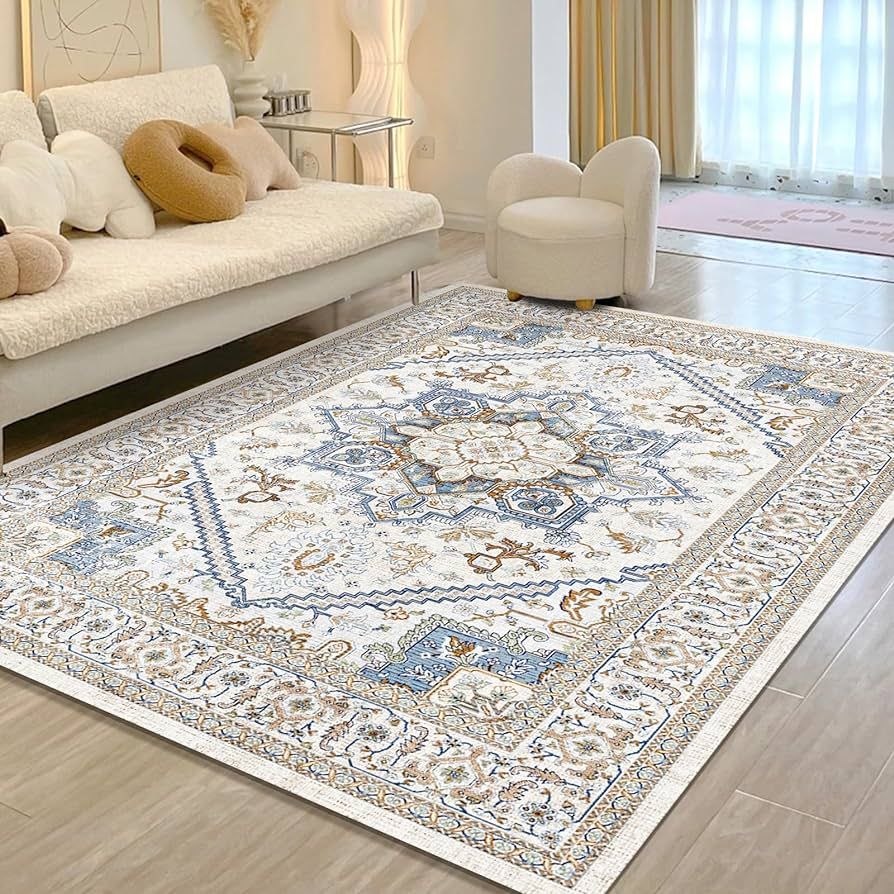 ROCYJULIN 5x7 Rug for Living Room, Washable Area Rug 5 x7 for Bedroom, Low-Pile Area Rugs Carpet with Non Slip Rubber Backing, Soft Boho Area Rug, Non-Shedding, White & Blue | Amazon (US)