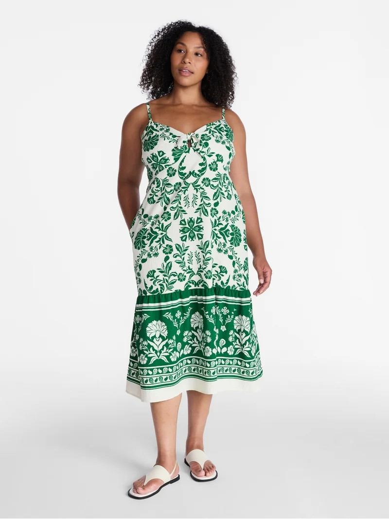Time and Tru Women's Tie Bodice Strappy Midi Dress, Sizes XS-XXXL | Walmart (US)
