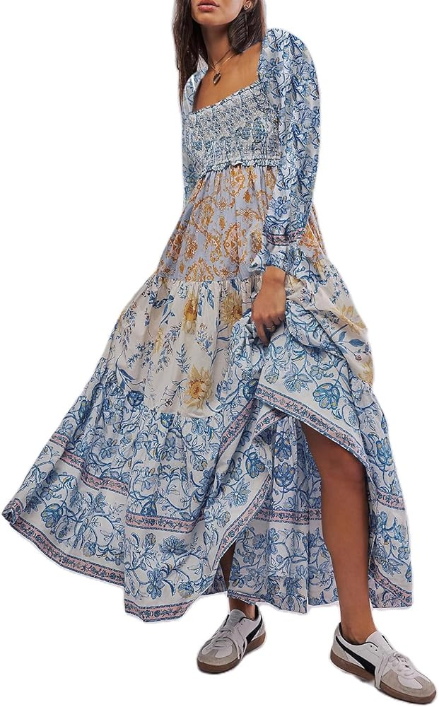 Women Fall Dresses Flowy Smocked Maxi Dress Long Sleeve Square Neck Boho Dresses Y2k Floral Party... | Amazon (US)