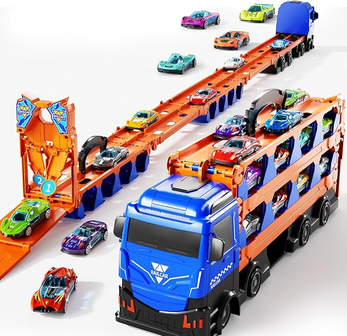 Carrier Truck Race Track Boys Toys, 78-Inch Toy Truck Transport Car Race Track & 12 Die-Cast Meta... | Amazon (US)