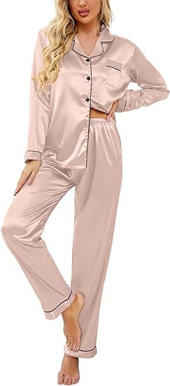 Ekouaer Women's Summer Classic Button Down Long Satin Silk Pajama Set | Amazon (US)