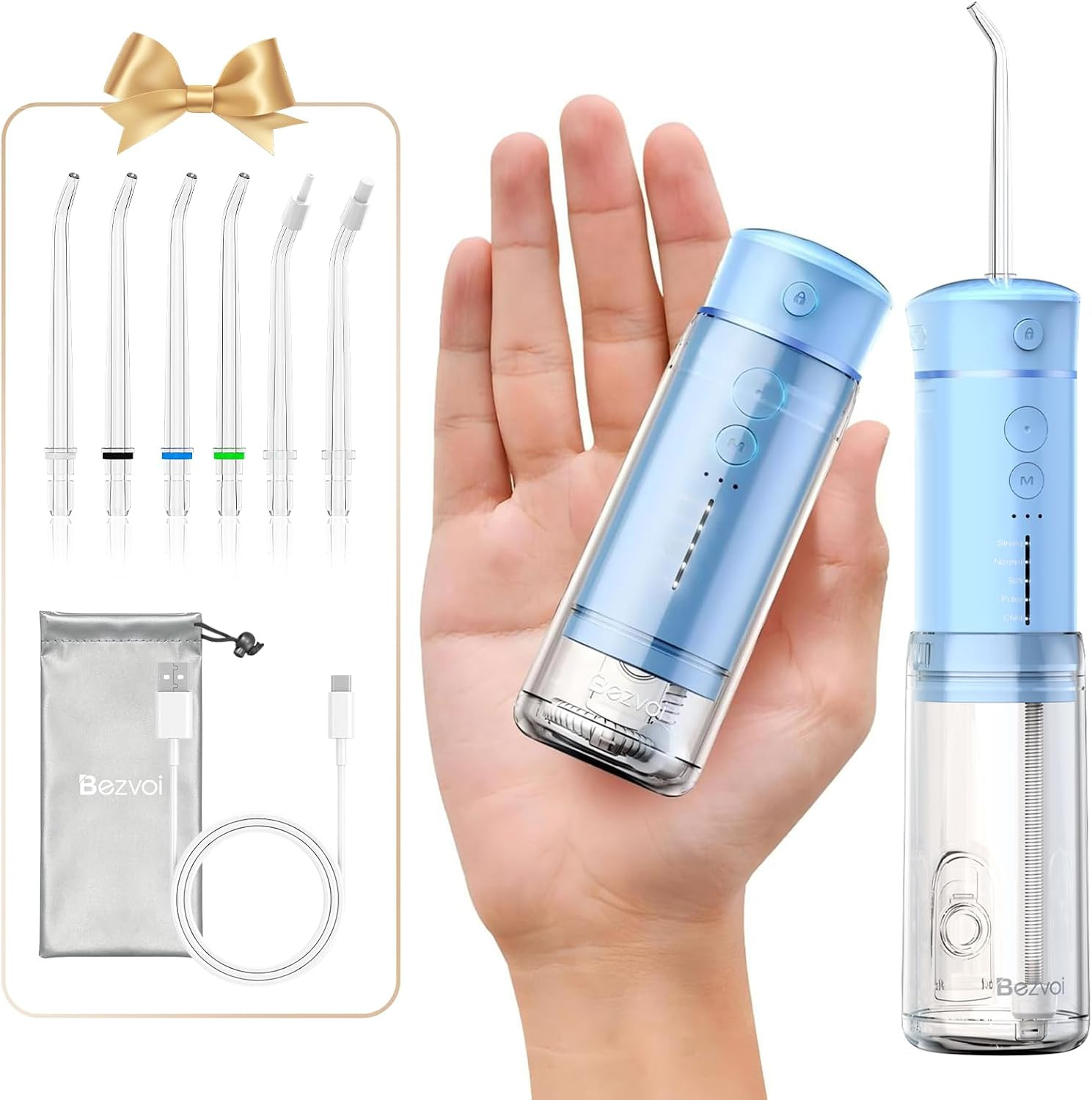 Bezvoi Mini Portable Water Flosser for Travel, 5 Modes Dental Floss, 6 Tips | Telescopic Water Tank, Built-in Tip Storage, USB-C Rechargeable, IPX7 Oral Irrigator for Braces, Sensitive Gums, Sky Blue | Amazon (US)