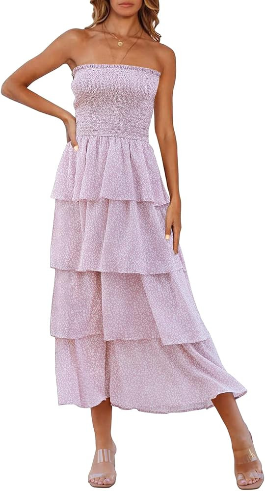 YORGOS Women's Summer Strapless Floral Ruffles Tiered Maxi Dress Smocked Boho Chiffon Long Dress | Amazon (US)