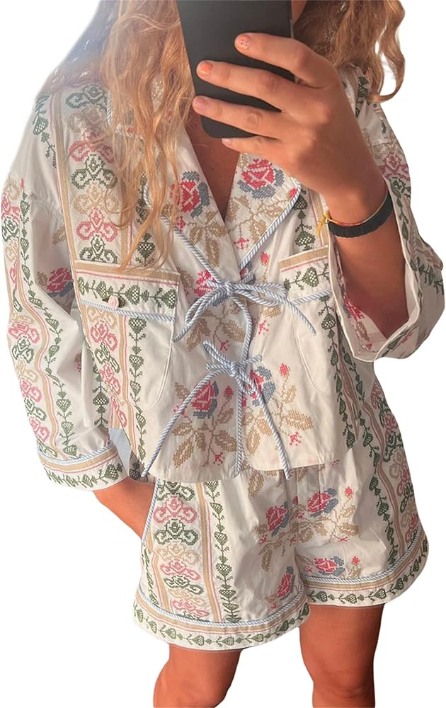 Thopavenoir Women's 2 Piece Floral/Stripe Print Pajamas Sets Long Sleeve Tie Front Shirt + Wide L... | Amazon (US)