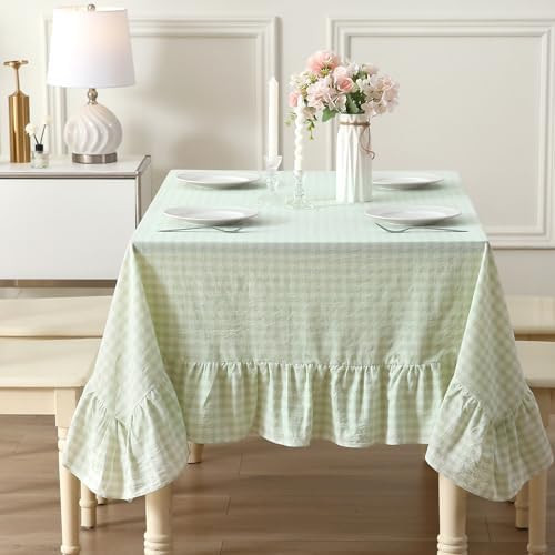 Pile Green White Plaid Ruffled Table Cloth Rectangular for Seat 8-10, 100% Washed Cotton Buffet C... | Amazon (US)