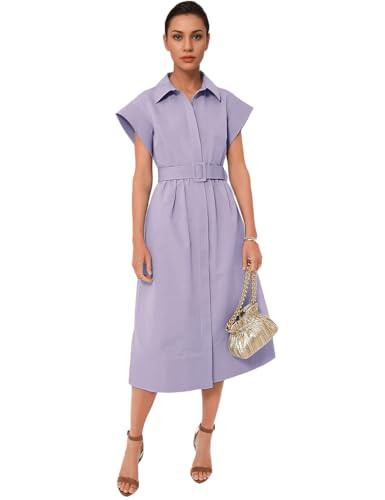 Haellun Women's Elegant Dress Classy Turn Down Collar Shirt Dress with Belt Short Wing Sleeve Tre... | Amazon (US)