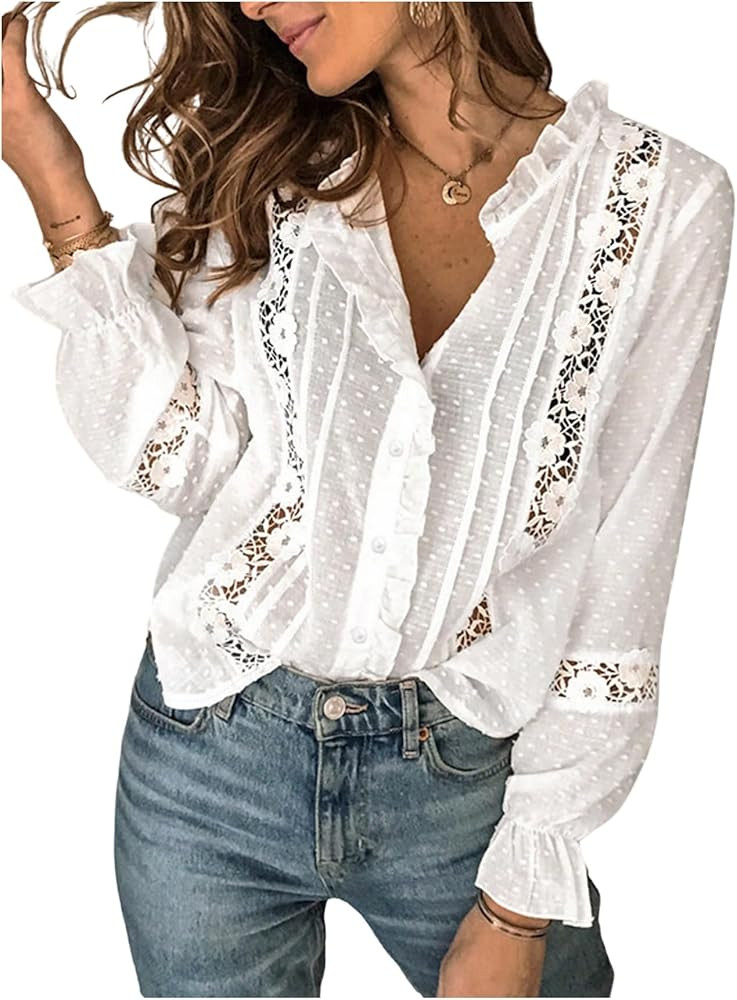 GORGLITTER Women's Floral Lace Long Sleeve Tops Ruffled Blouses Boho Peasant Tops Sheer Button Up... | Amazon (US)