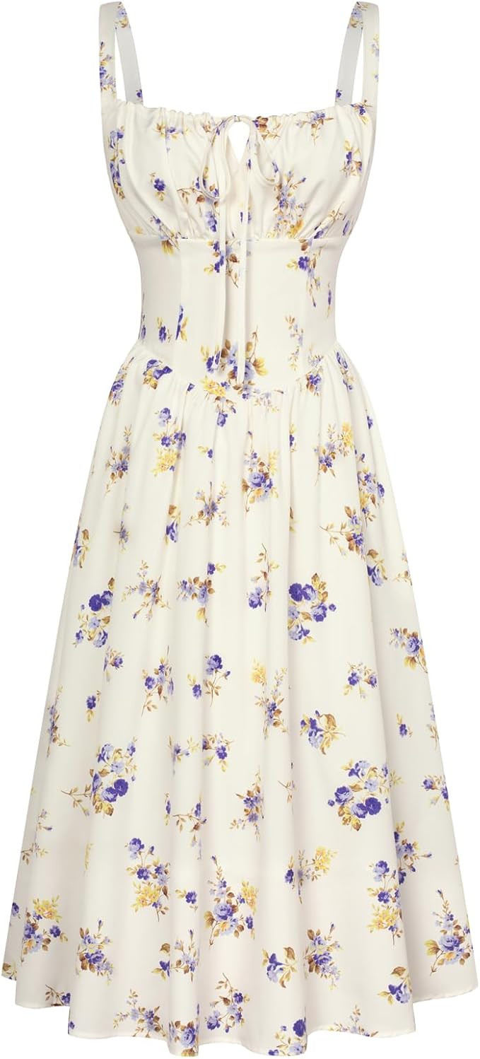 Scarlet Darkness Floral Printed Corset Dress Ruched Bust Cami Dress Flowy Sundress | Amazon (US)