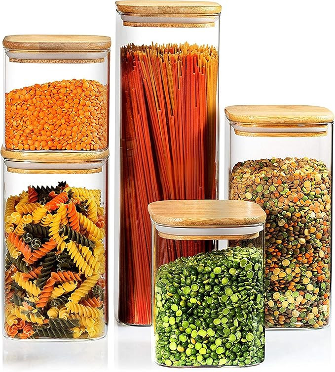 5 Square Canisters, Glass Kitchen Canister with Airtight Bamboo Lid, Glass Storage Jars for Kitch... | Amazon (US)