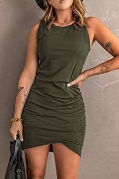 BTFBM Women Casual Dress Crew Neck Ruched Summer Sleeveless Tank Bodycon Shirt Short Mini Dresses | Amazon (US)