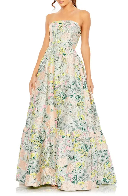 Mac Duggal Floral Brocade Strapless A-Line Gown in Pastel Multi at Nordstrom, Size 12 | Nordstrom
