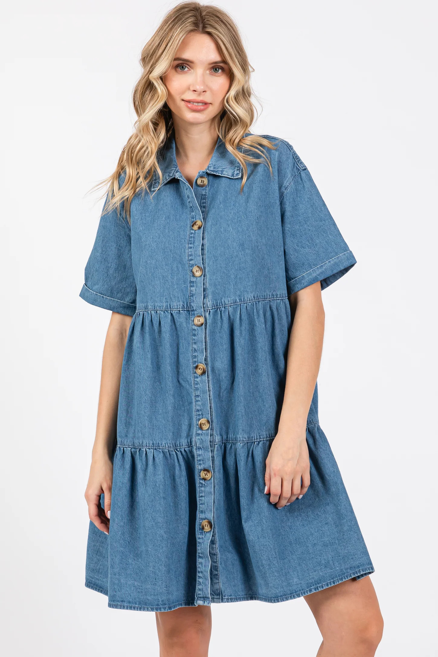 Blue Denim Button Down Tiered Dress | PinkBlush Maternity