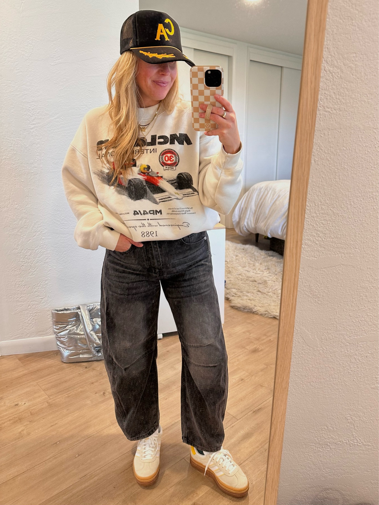 Amazon Barrel Jeans (I actually prefer the fit over the FP!) 
Wearing an XS in pants 
Wearing a S in sweatshirt 
Size down half to full size on shoes!
