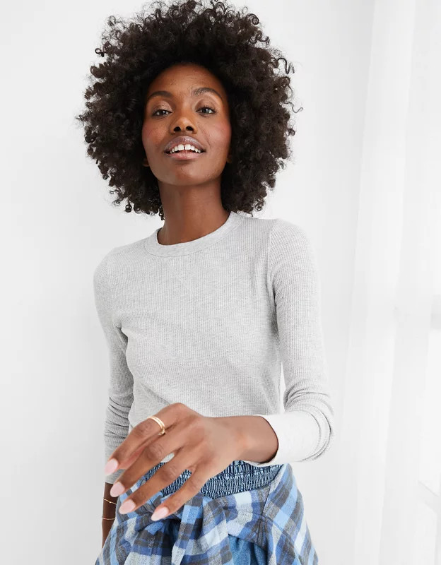 Aerie Waffle Long Sleeve Cropped T-Shirt | American Eagle Outfitters (US & CA)