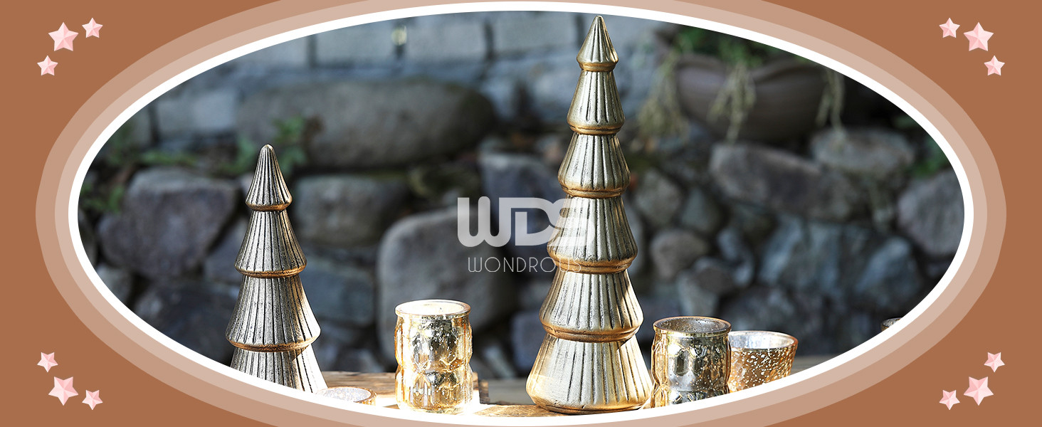 WONDROUS' DECO Wooden Christmas Tree Figurine, Tabletop Gold Tree Figurine, Set of 2 Desk Centerp... | Amazon (US)