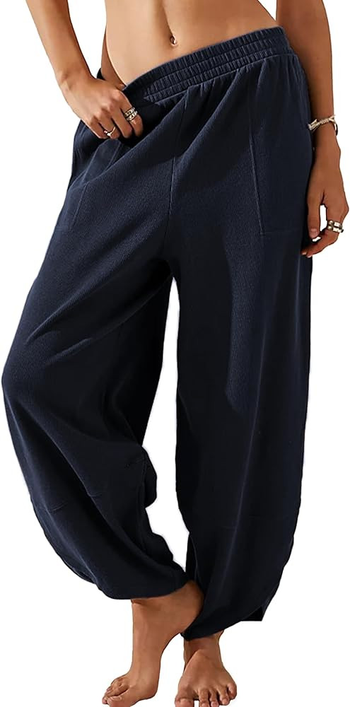 Springrain Womens Baggy Wide Leg Pants Cotton Elastic Waisted Loose Palazzo Harem Pants with Pock... | Amazon (US)