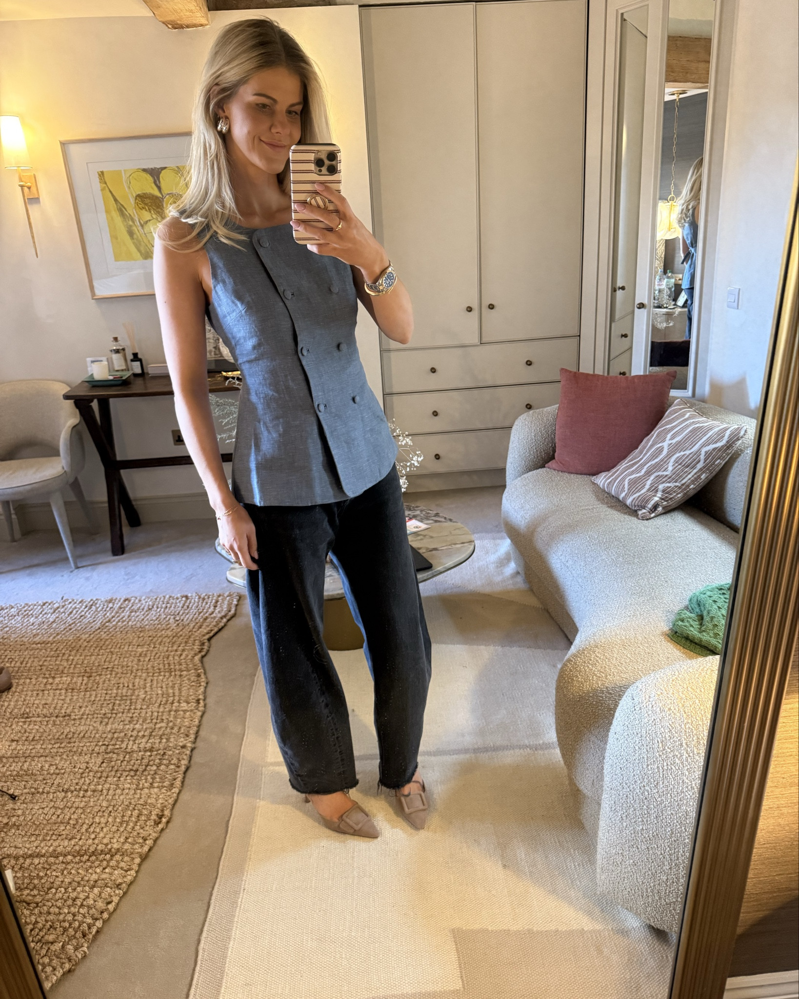 Blue linen vest & barrel leg jeans 

#LTKworkwear #LTKautumn #LTKireland