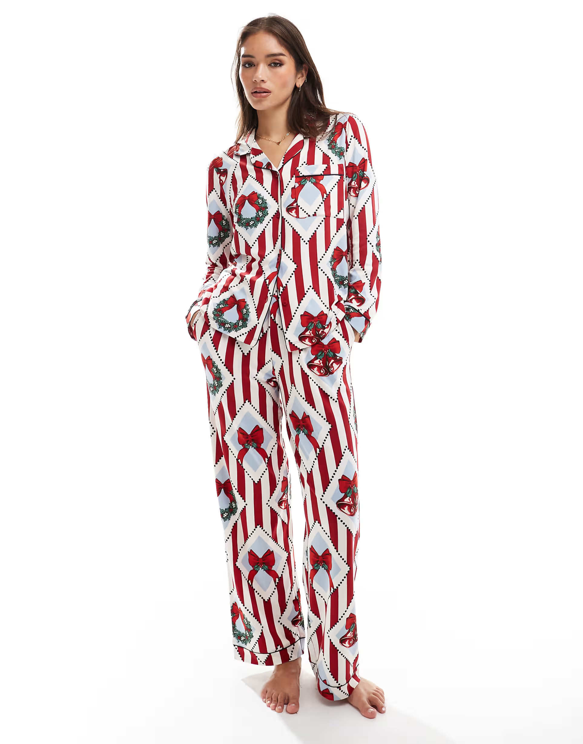 Chelsea Peers poly Christmas vintage print long sleeve revere and trouser pyjama set in multi | ASOS (Global)