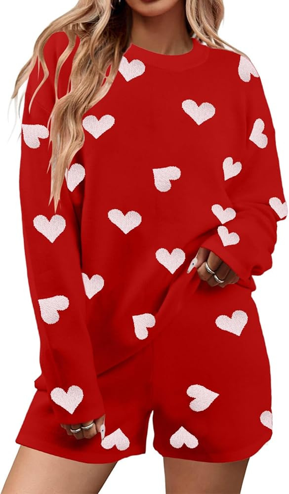 MYHALF Valentine's Day Sweater Sets Heart Sweater for Women Long Sleeve Knit Sweater and Shorts 2... | Amazon (US)