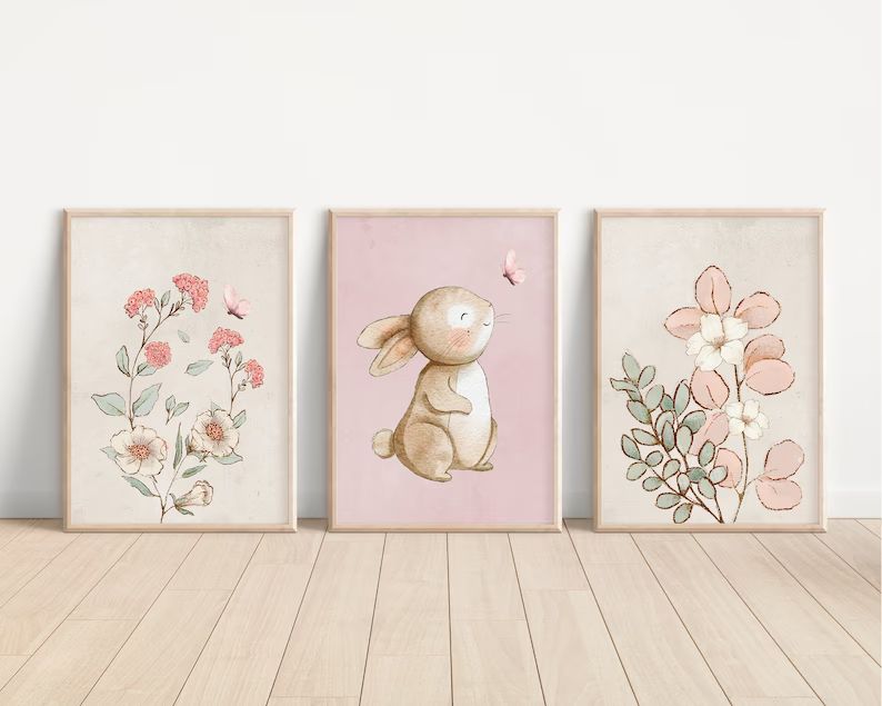 Bunny Nursery Decor, Baby Girl Nursery Decor, Girl Bedroom Prints, Pink Nursery Decor, Nursery Wa... | Etsy (US)