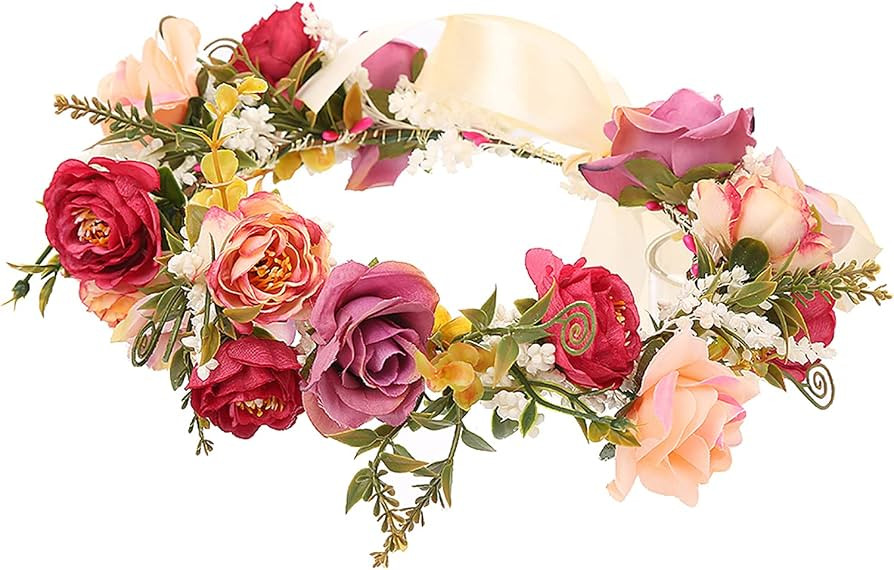 Vivivalue Rose Flower Crown Adjustable Flower Headband Hair Wreath Floral Headpiece Halo Boho wit... | Amazon (US)