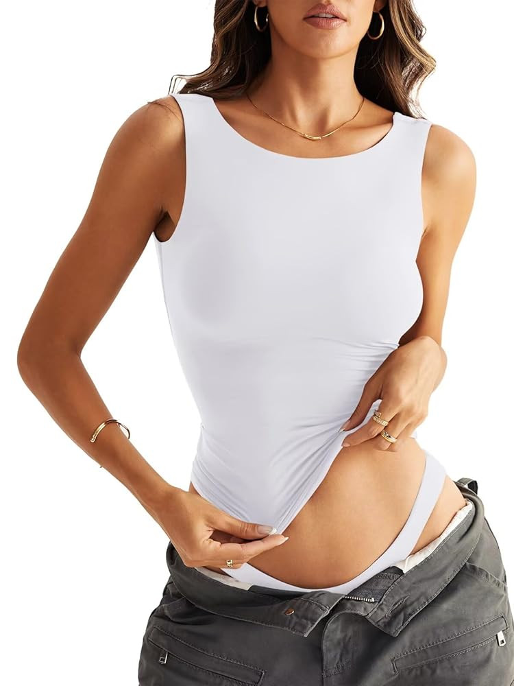 Women Sleeveless Boat Neck Tops Double Lined Backless Tank Tops Basic Fitted T Shirts 2025 | Amazon (US)