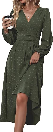 Mettclasi Women's Spring Fall Swiss Dot V-Neck Midi Dress Casual Puff Long Lantern Sleeve A-Line ... | Amazon (US)