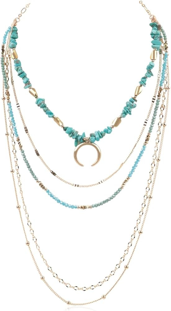 RIAH FASHION Bohemian Beaded Statement Necklace - Multilayered Natural Stone Mixed Beads, Western... | Amazon (US)