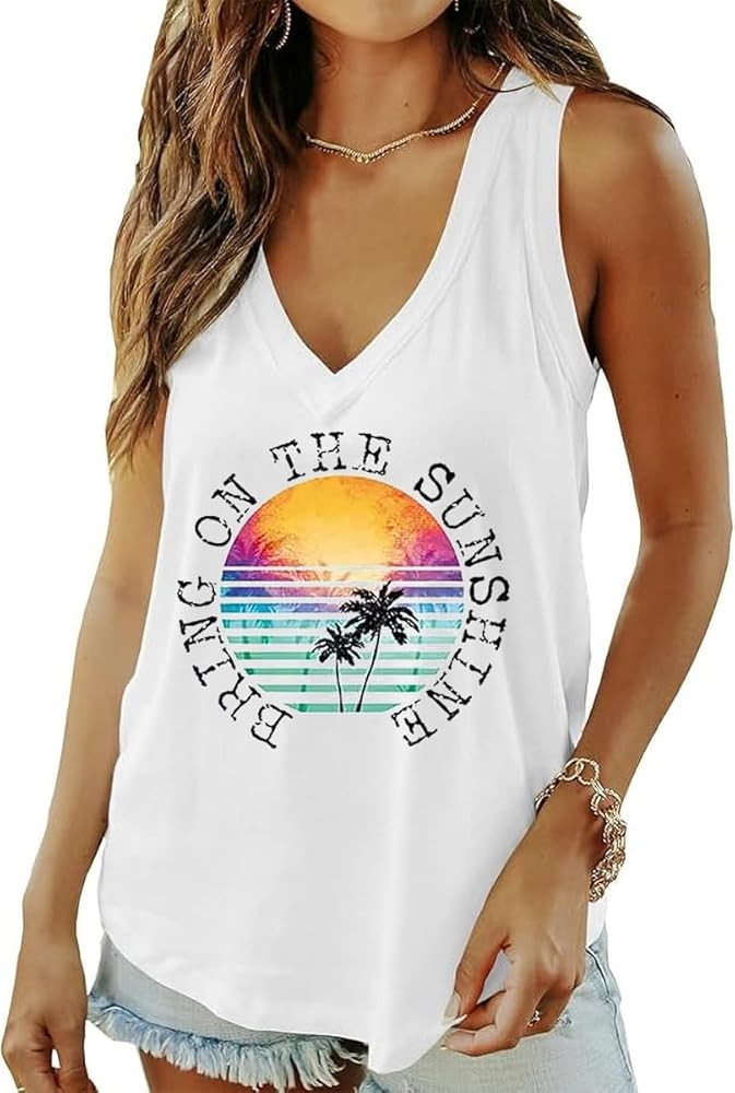 Qbily Summer Deep V-Neck Tank Tops for Women Casual Cute Sleeveless Graphic Printed Shirt | Amazon (US)
