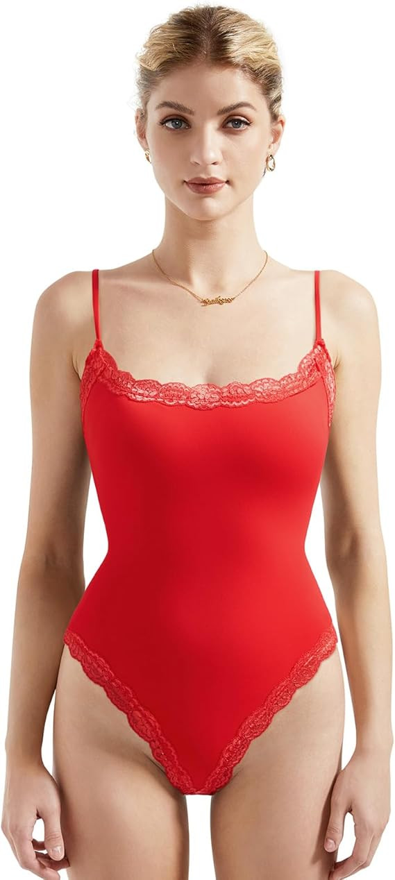 SUUKSESS Women Square Neck Lace Bodysuit Sleeveless Spaghetti Strap Tank Top | Amazon (US)