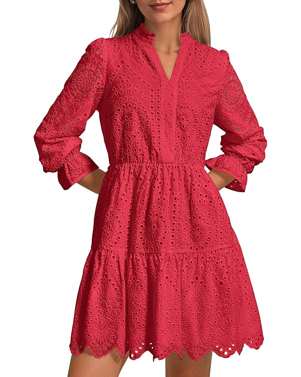 PRETTYGARDEN Women's Spring 2025 Long Puff Sleeve Mini Dress Hollow Out Lace V Neck A Line Ruffle... | Amazon (US)