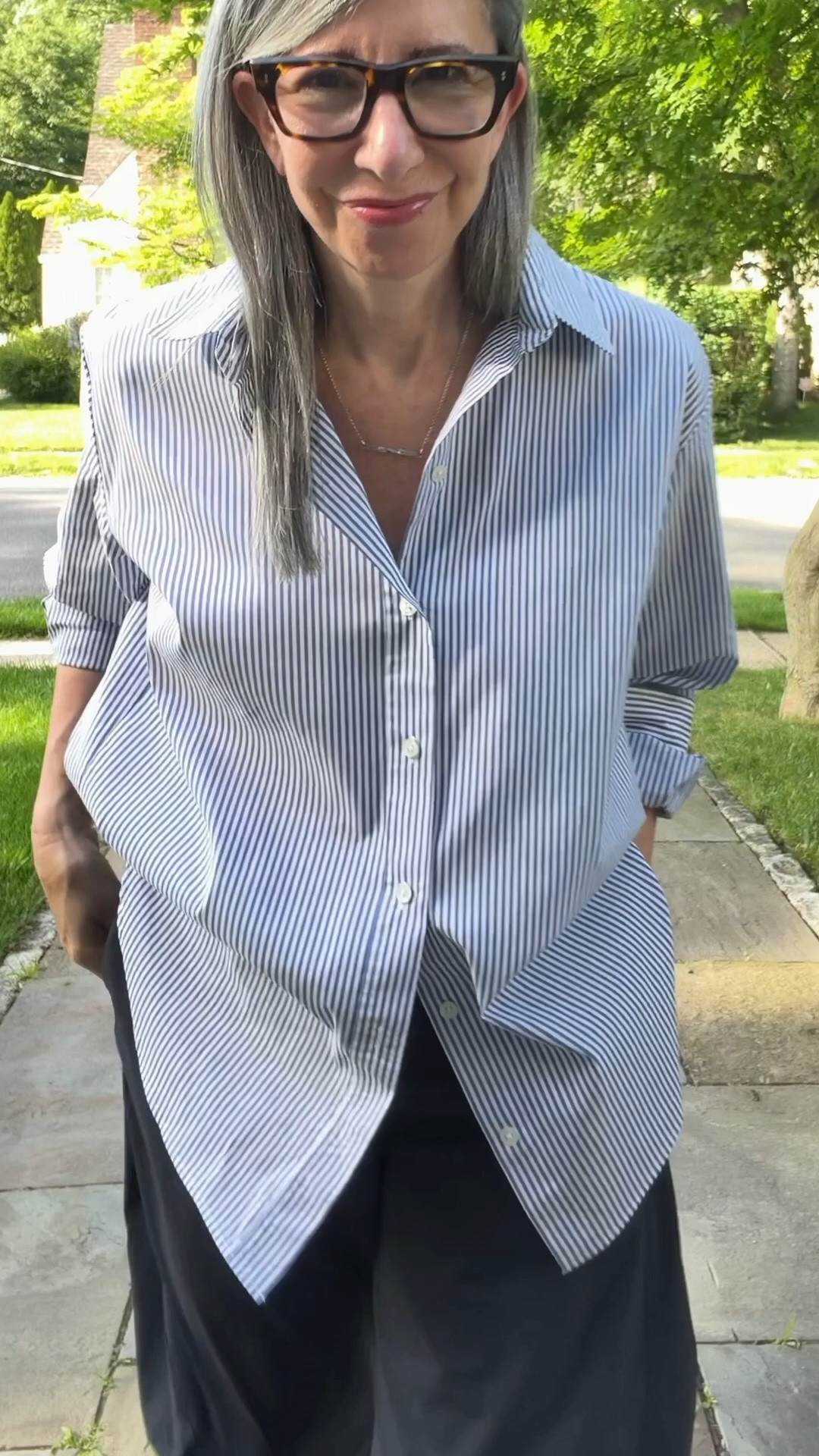 Blue and white striped oversized button front shirt, Ruti Wide-ish navy pants, Havaianas flip flops. Dinner at home — relaxed but put together. The Ruti pants never made it into the weekly series but they show up constantly. Shirt and flip flops linked. Ruti pants linked — worth every penny. @Ruti

#LTKootd #LTKOver40 #LTKgrwm