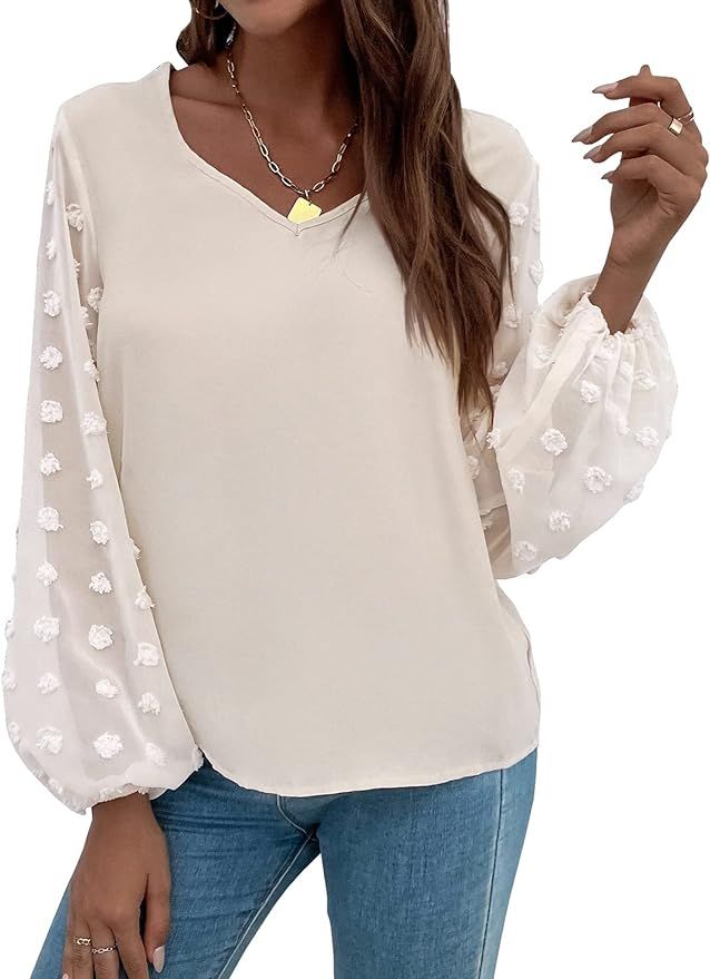 Blouses for Women Casual Long Sleeve Shirts V Neck Dressy Tops Swiss Dot Chiffon Blouses for Work | Amazon (US)