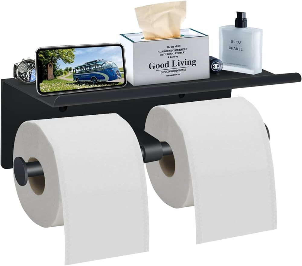 Toilet Paper Holder with Shelf, Bjiotun Toilet Paper Holder Wall Mounted Toilet Paper Storage, Do... | Amazon (US)