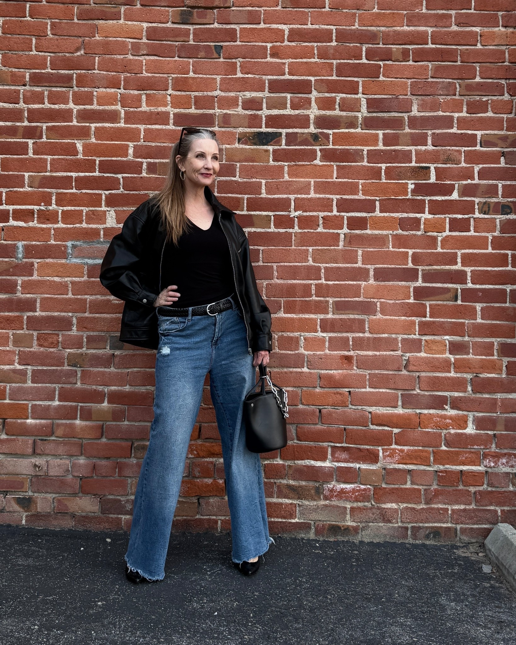 Edgy modern style over 50.  Luxe leather bomber for affordable price, adds an edge to any look. #leatherbomber #leatherjacket #edgyover40 #minimaliststyle #affordableluxury 

#LTKootd #LTKOver40 #LTKMidsize