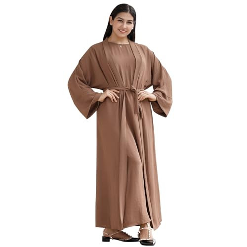 IBAKOM Abaya for Women 2PC Arabian Modest Open Abayas Sleeveless Muslim Dress Dubai Attire with Hijab Adult Islamic Arab Jilbab Turkish Prayer Clothes Afghan Eid Ramadan Dress Brown (2PCS) L | Amazon (US)