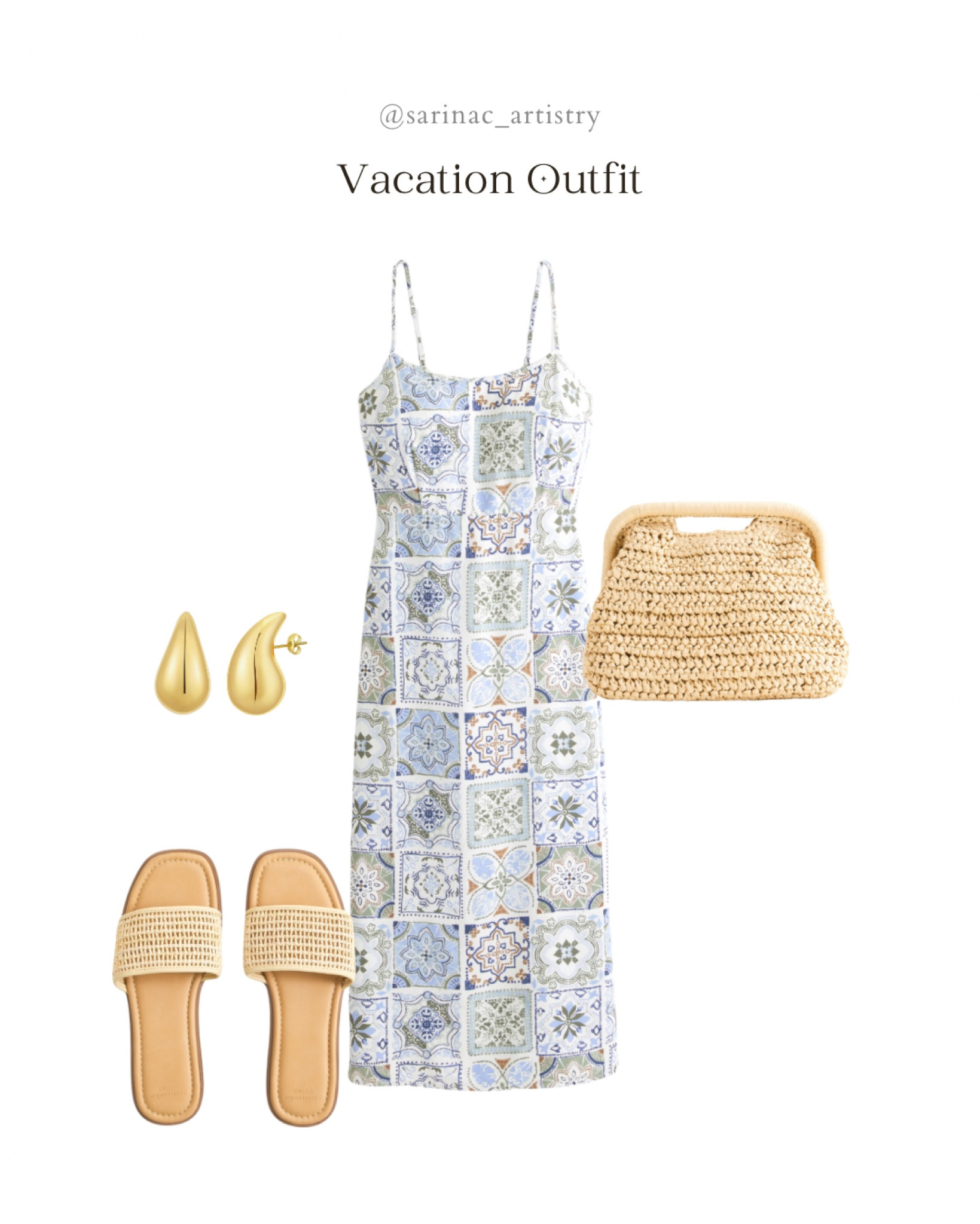 Perfect outfit for vacation or the summer months. 

Love the patterned dress, and neutral straw accessories and shoes.

#vacation #summer 

#LTKSpringSale #LTKstyletip #LTKsalealert