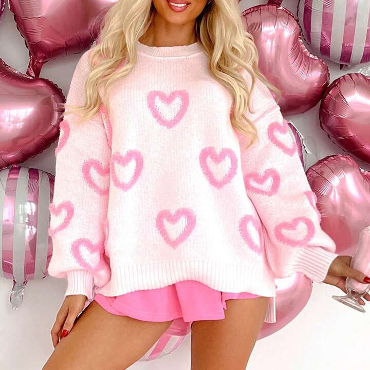 Women&Acute;S Heart Sweater Fuzzy Long Sleeve Round Neck Pullover Sweater Tops For Winter Fall Ou... | SHEIN